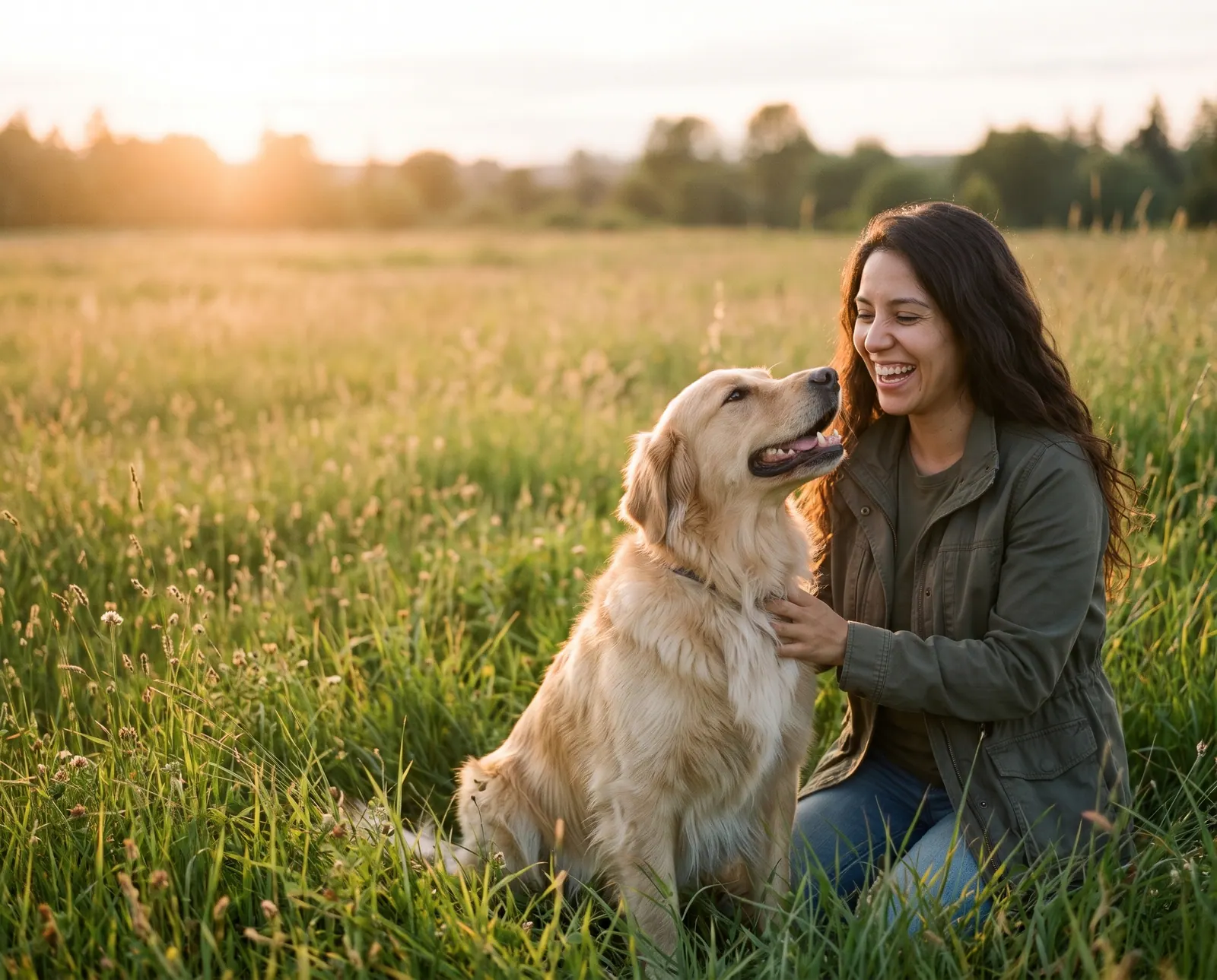 A woman laughing with her golden retriever in a meadow at golden hour