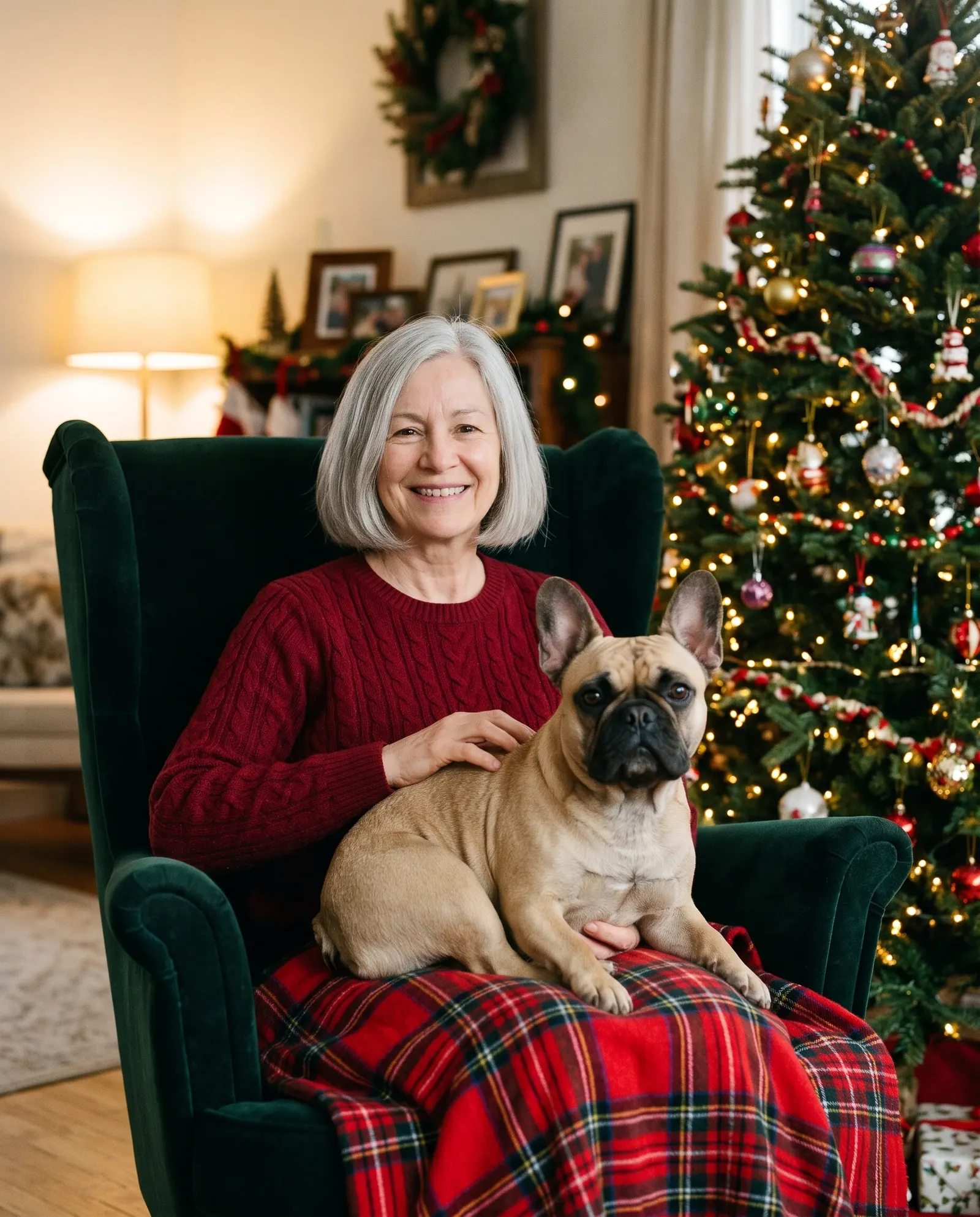 A woman in an armchair beside a Christmas tree with her French bulldog on her lap