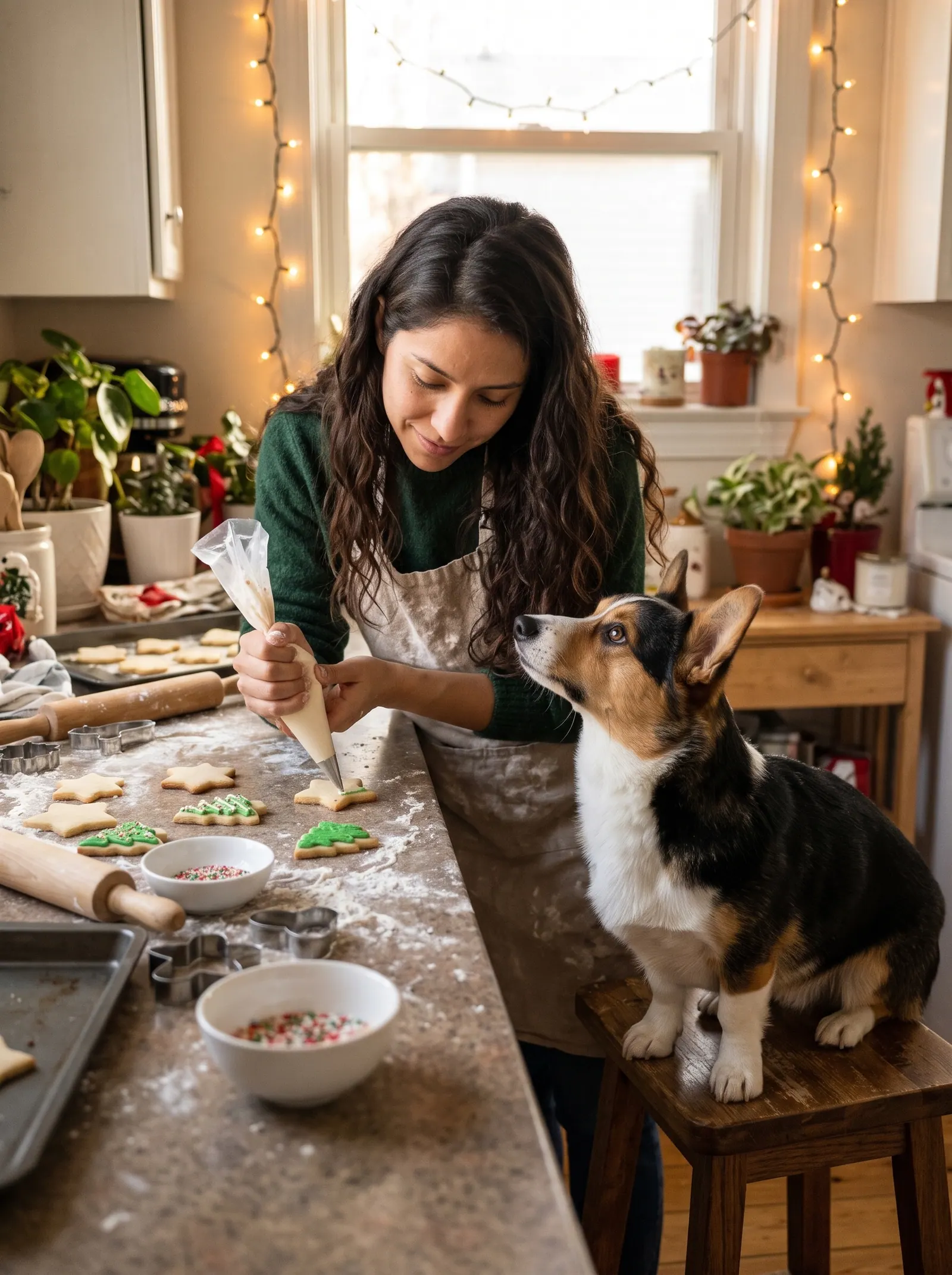 A woman decorating Christmas cookies with her corgi watching from a stool