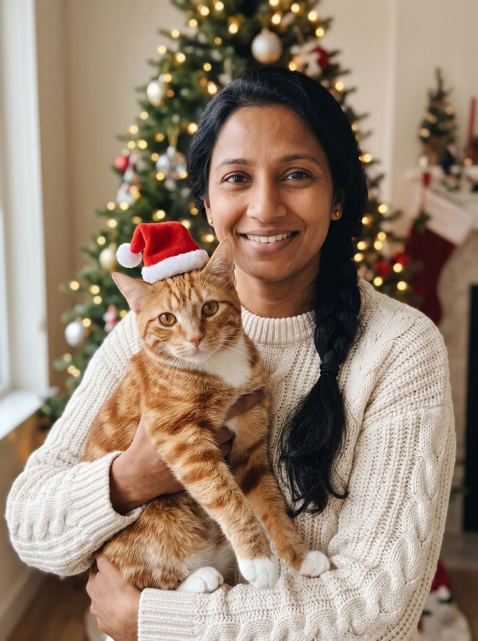 A woman in a cream sweater holding her orange tabby cat wearing a small Santa hat