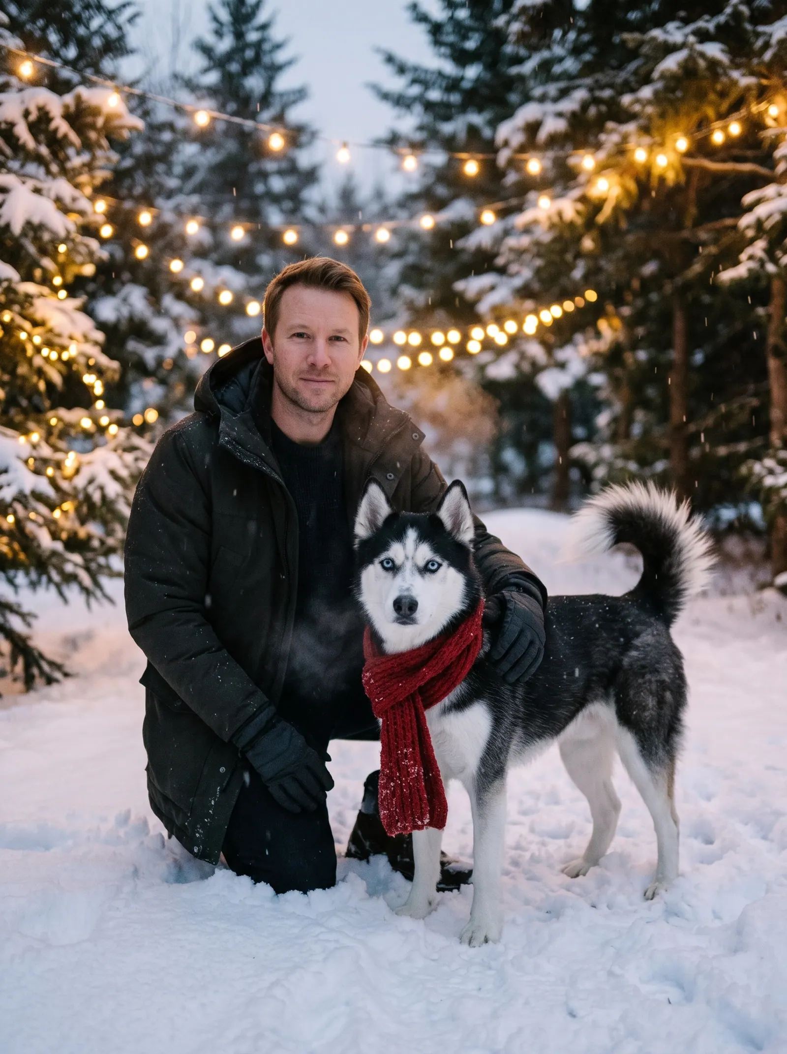 A man and his husky in fresh snow at dusk under fairy lights