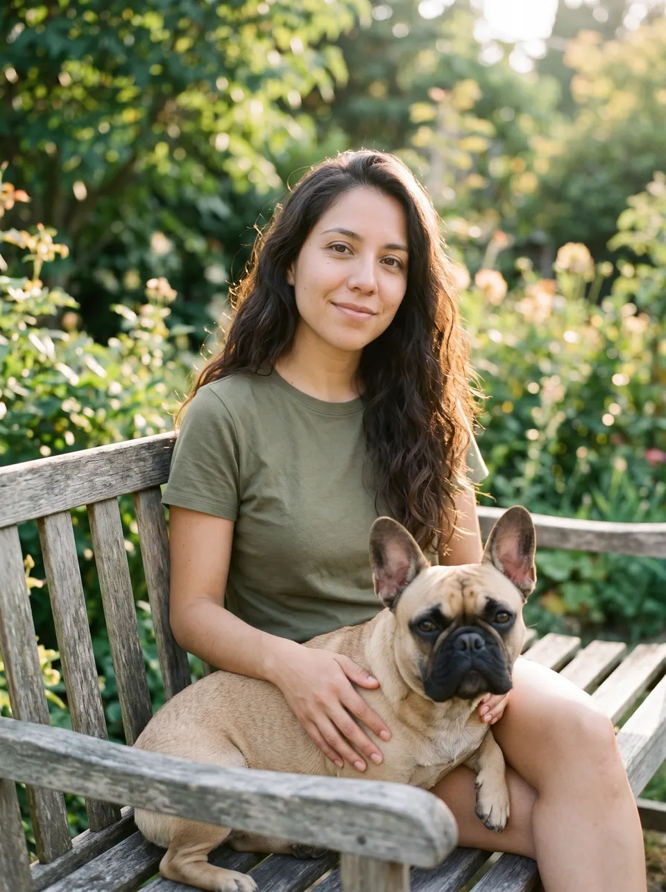 Watching Over Me: a woman with long wavy brown hair with a fawn French bulldog