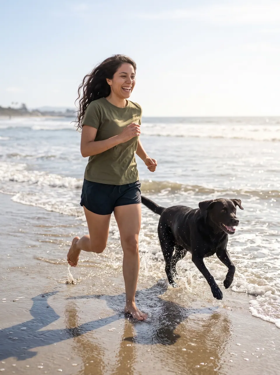 Beach Run: a woman with long wavy brown hair with a black Labrador
