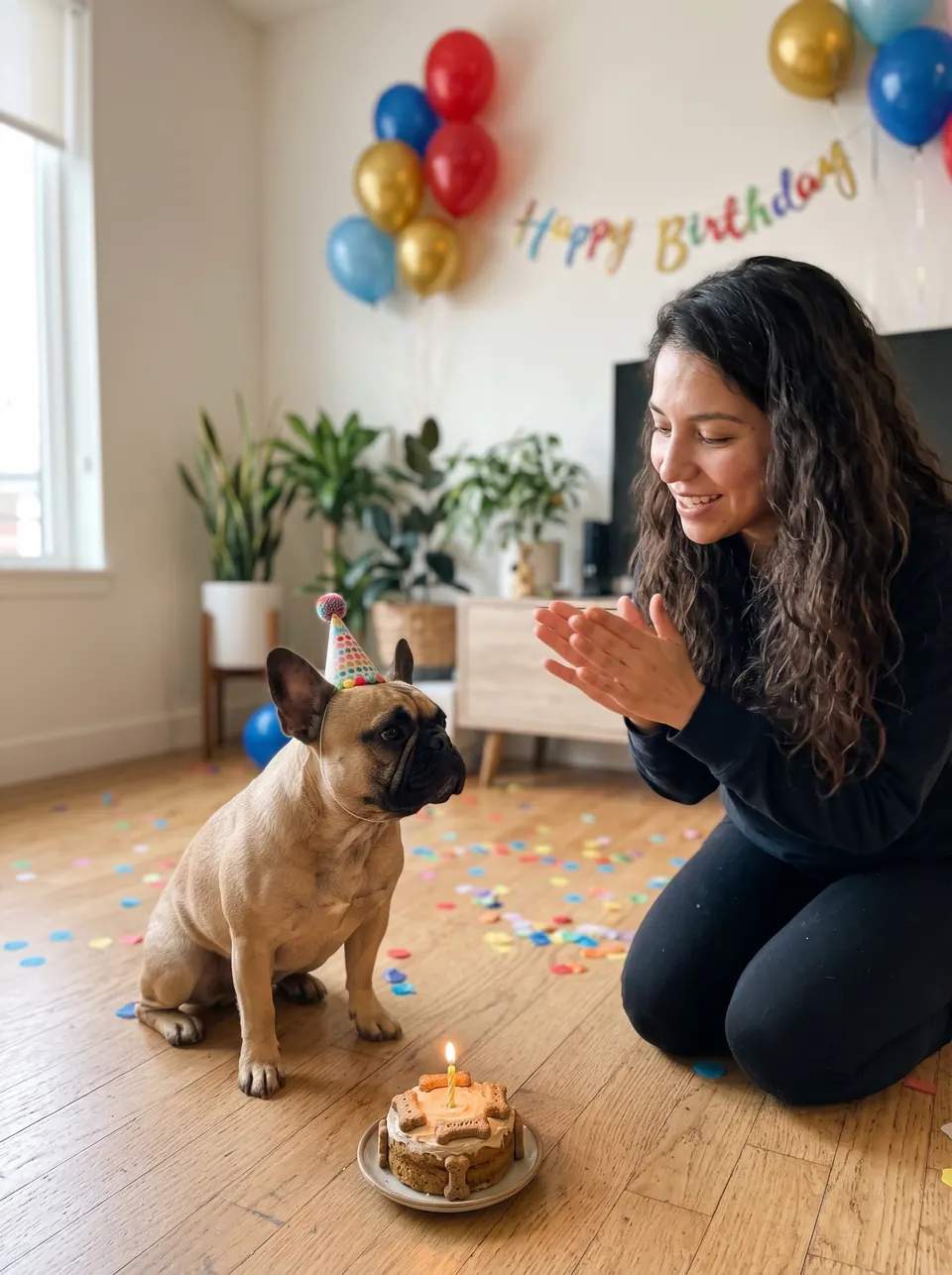 Birthday Party: a woman with long wavy brown hair with a fawn French bulldog