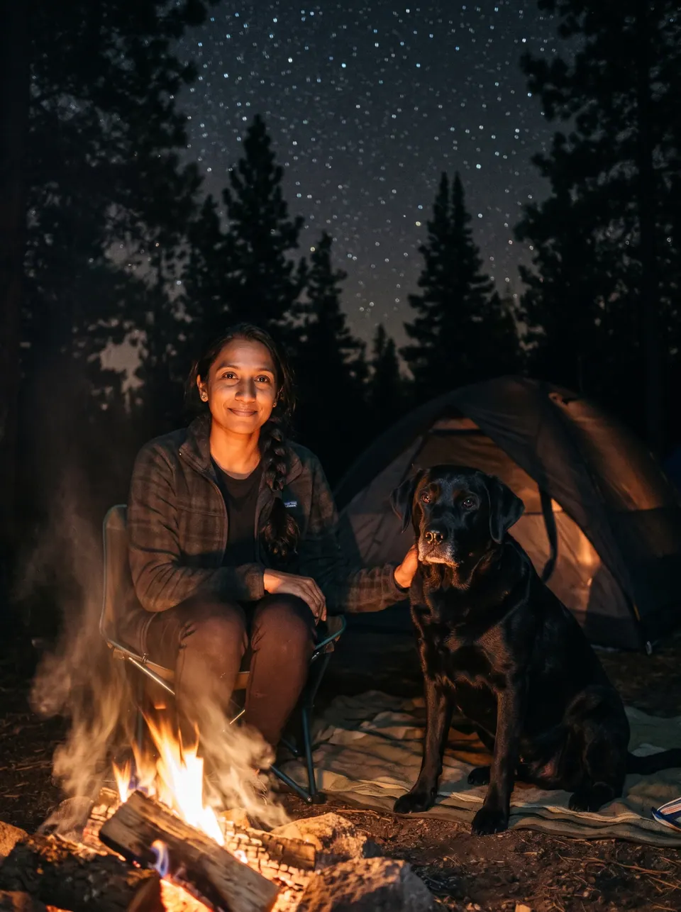 Campfire Night: a woman with a long black braid with a black Labrador