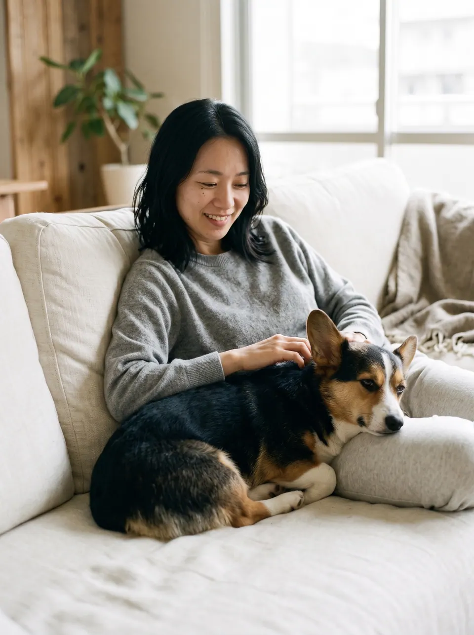 Lazy Sunday on the Couch: a woman with shoulder-length black hair with a tricolor corgi