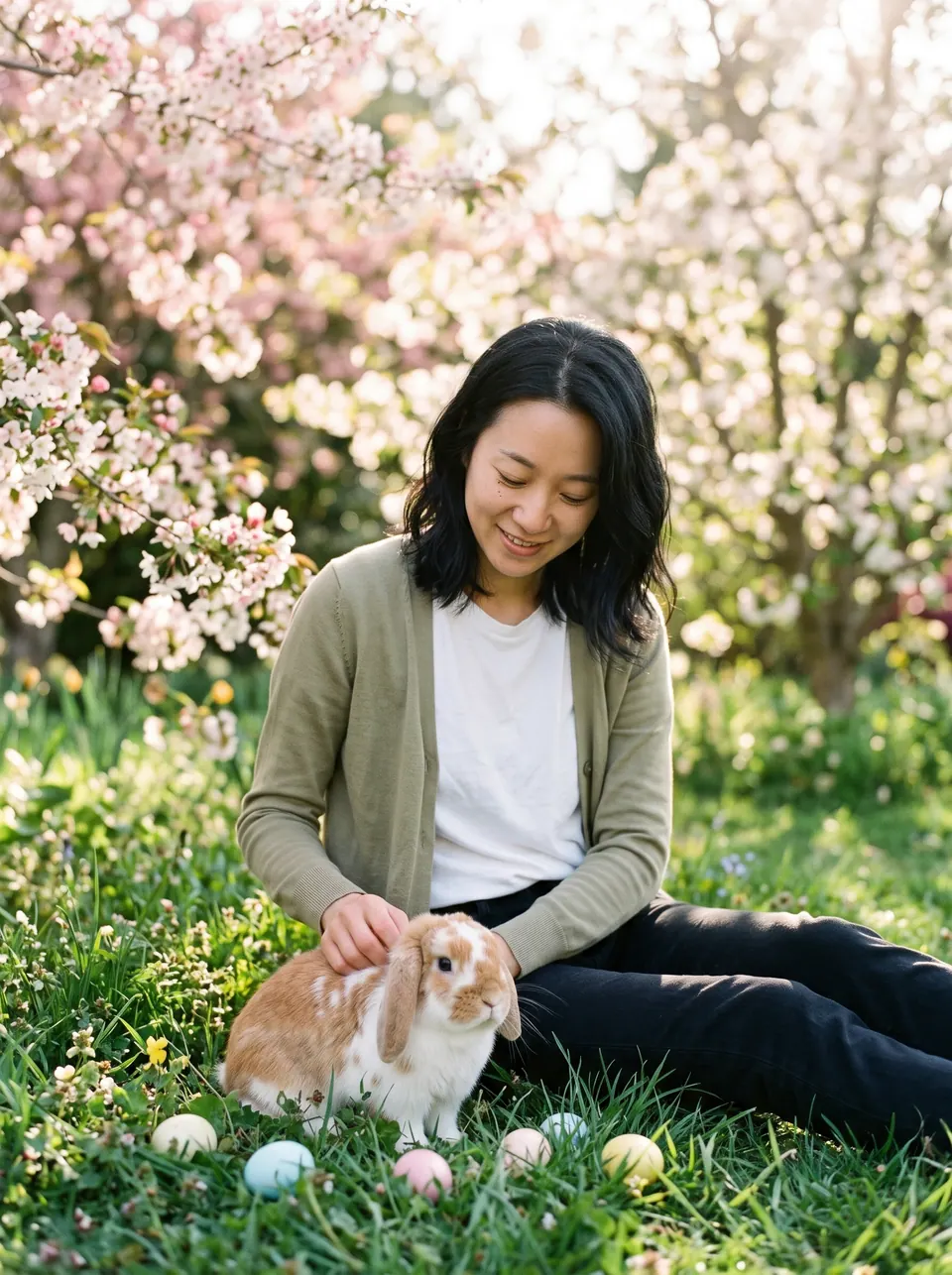 A woman with her Holland Lop rabbit in a spring garden