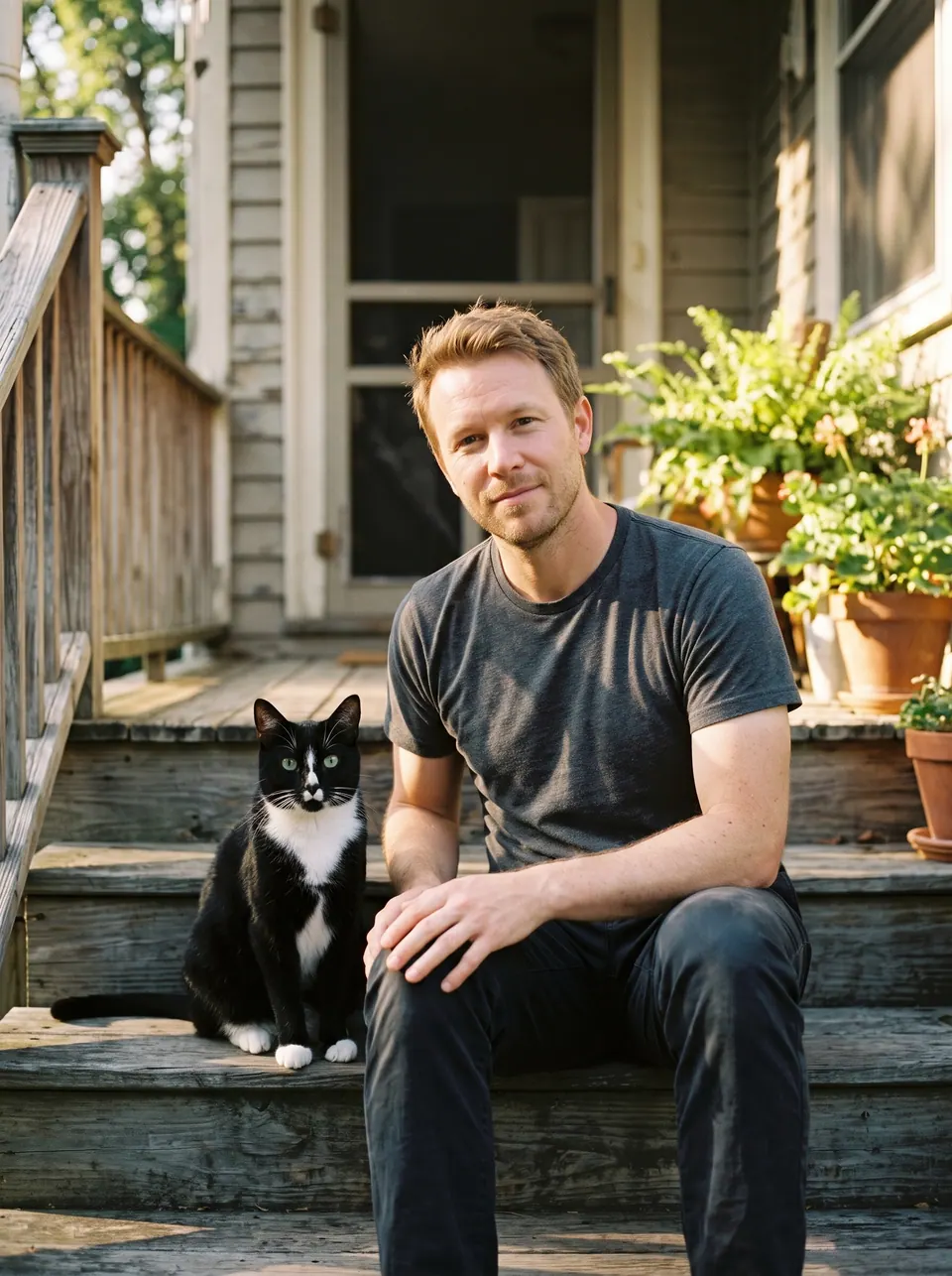Their Favorite Spot: a man with light-brown hair and stubble with a tuxedo cat