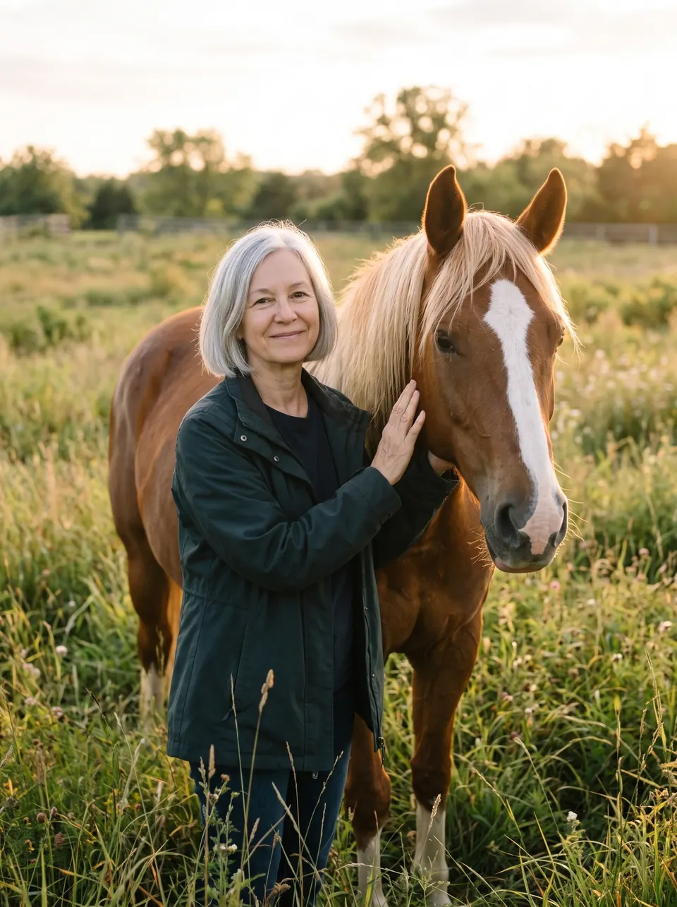 A woman with her chestnut horse in a meadow