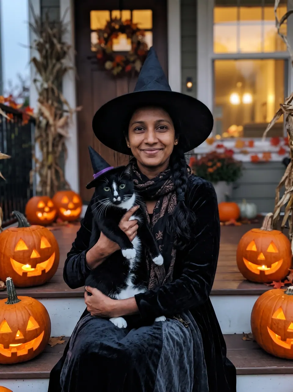 Halloween Duo: a woman with a long black braid with a tuxedo cat