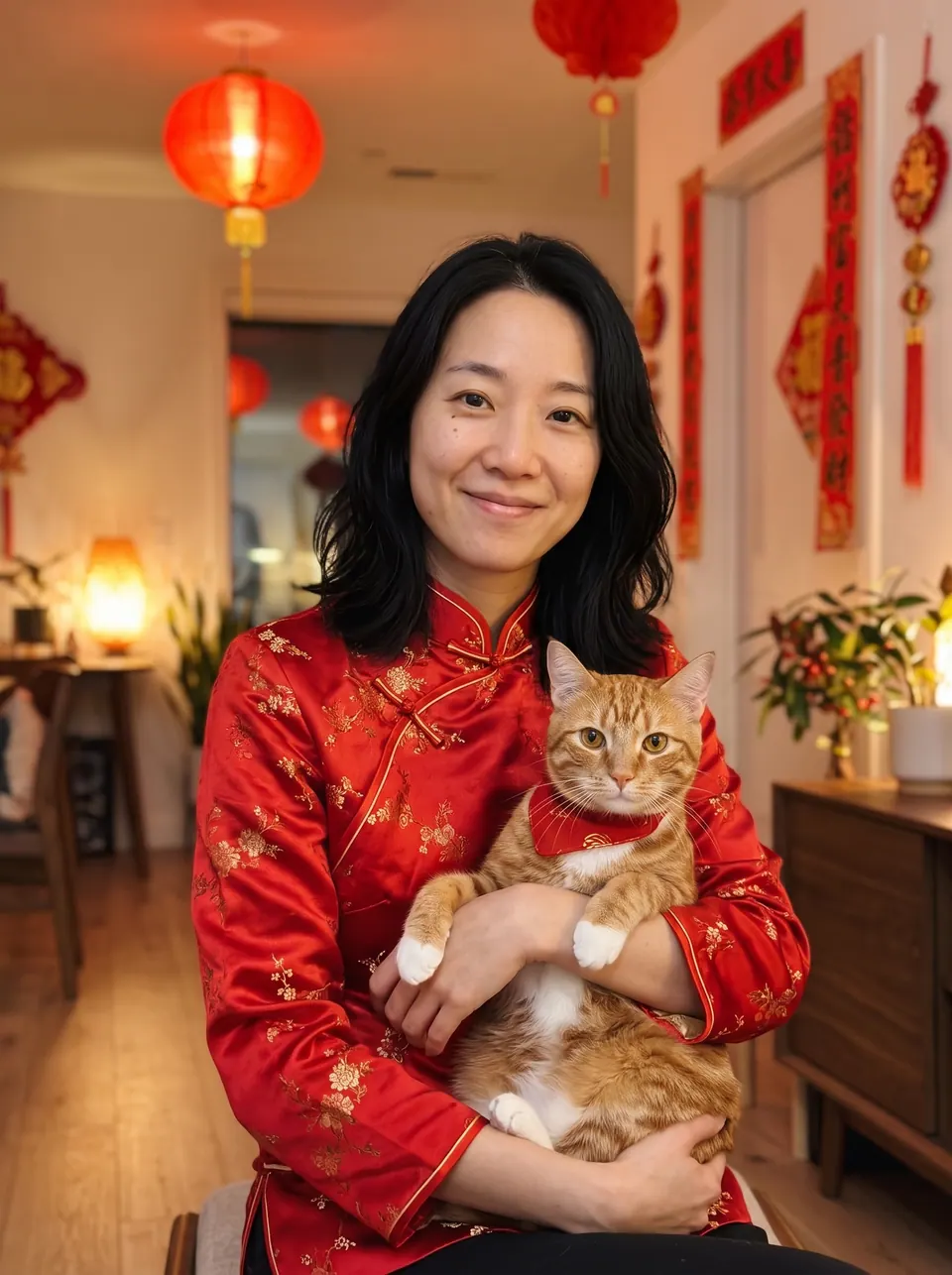 Lunar New Year: a woman with shoulder-length black hair with an orange tabby cat