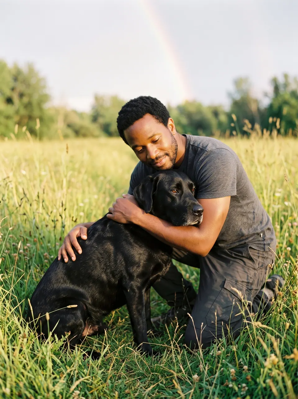 Rainbow Bridge Reunion: a man with a short beard with a black Labrador