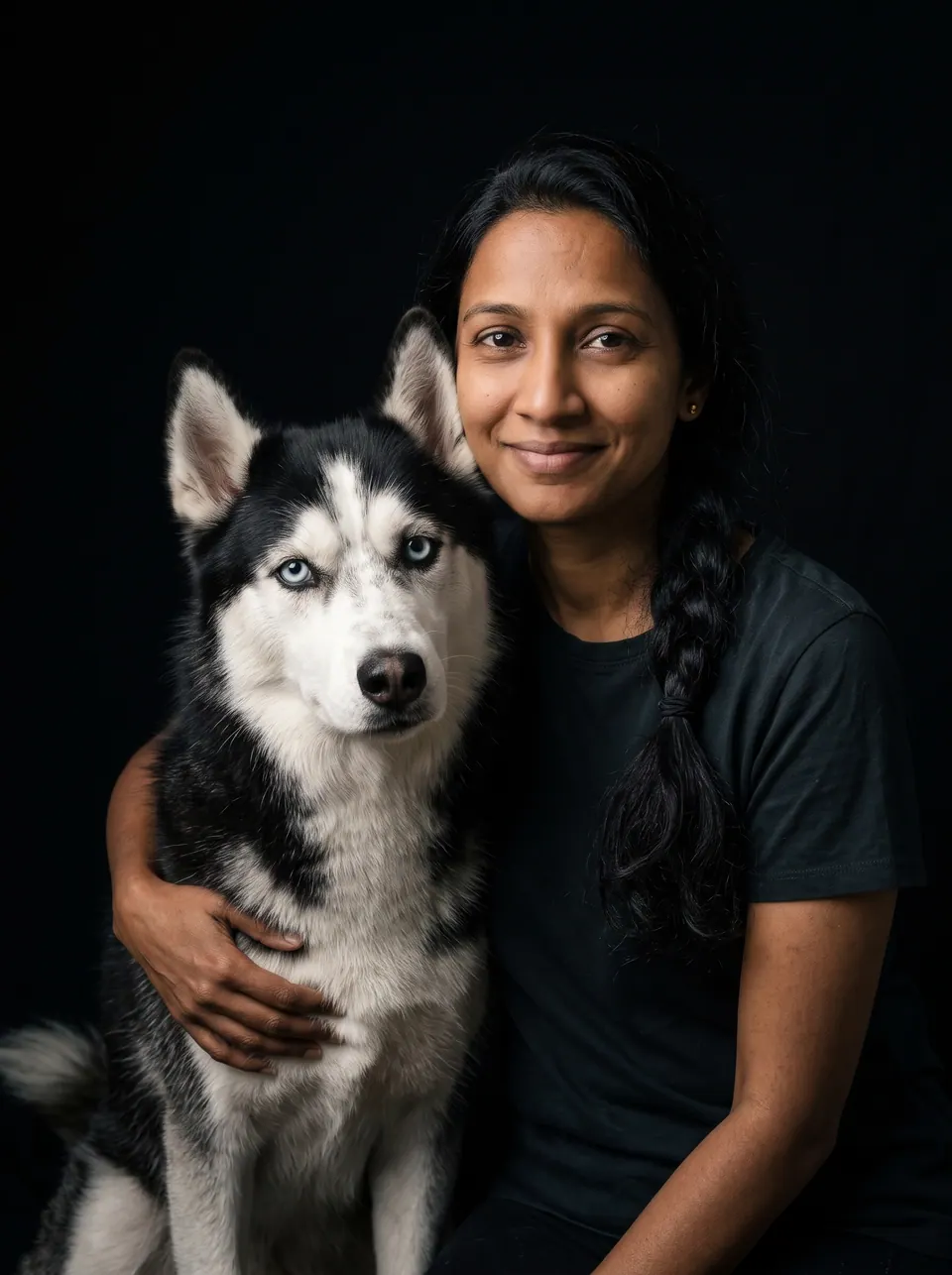 Dramatic Black Backdrop: a woman with a long black braid with a Siberian husky