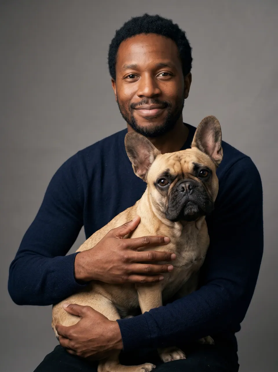 Classic Studio Portrait: a man with a short beard with a fawn French bulldog